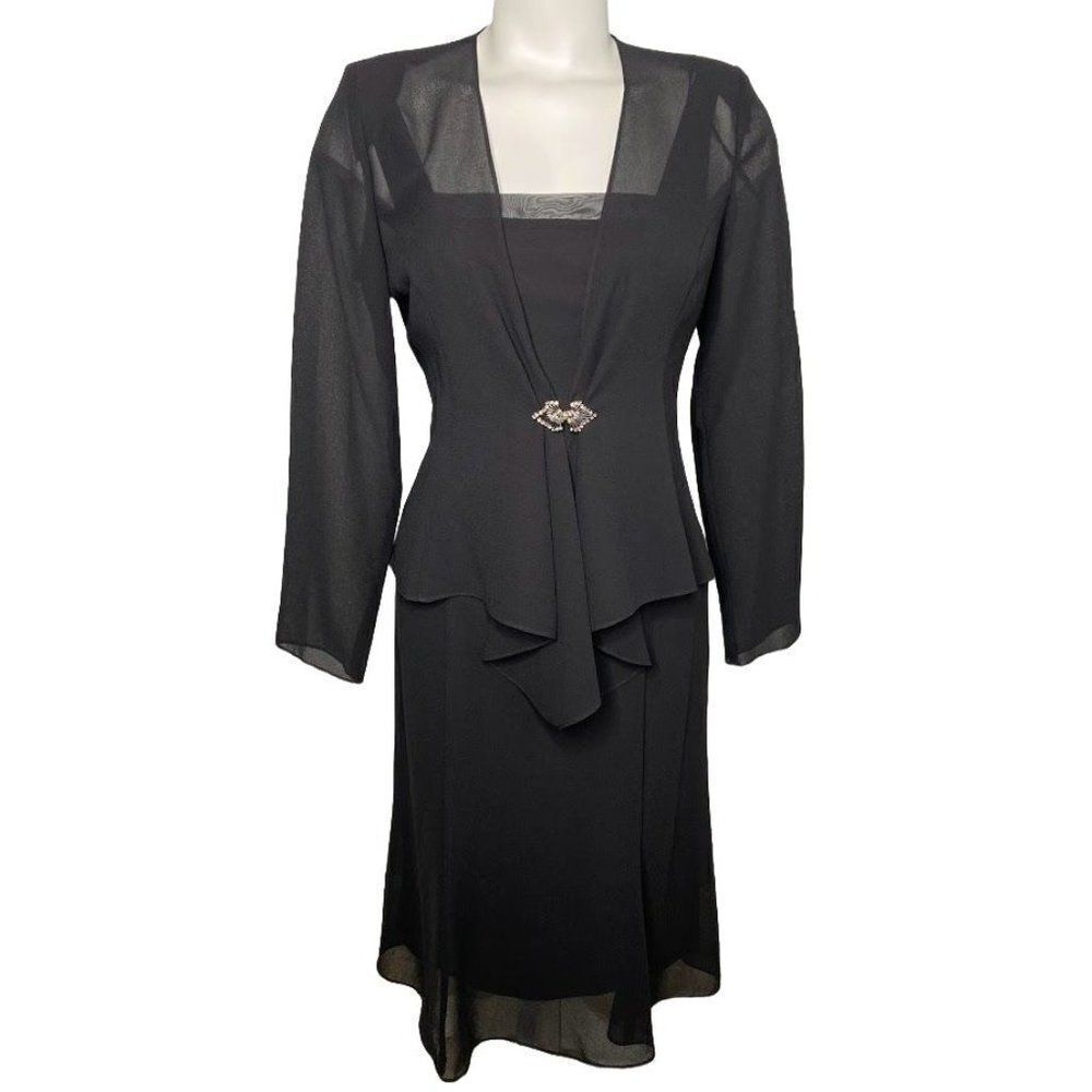 Ursula of Switzerland Black 2 Pc Dress Jacket‎ Set Rhinestone Sz 4P 4 Petite MOB